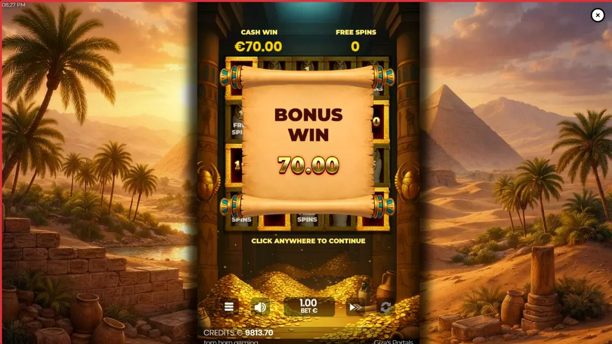 Interface do slot Giza's Portals com cenário de templo egípcio